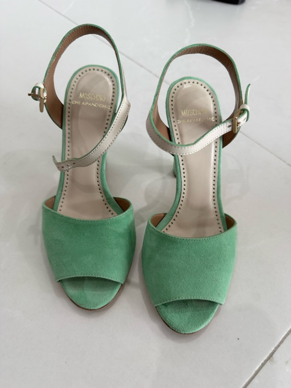 Moschino Mint Green Suede Open-Toe Ankle Strap Sandals